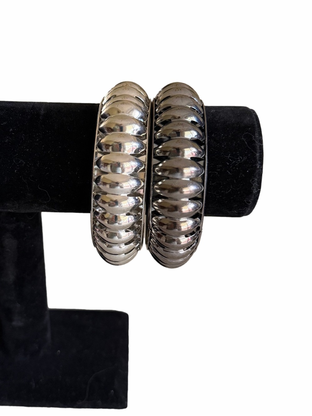 Silver & Gunmetal Ribbed Bangle Bracelet Set | Statement Jewelry Pair